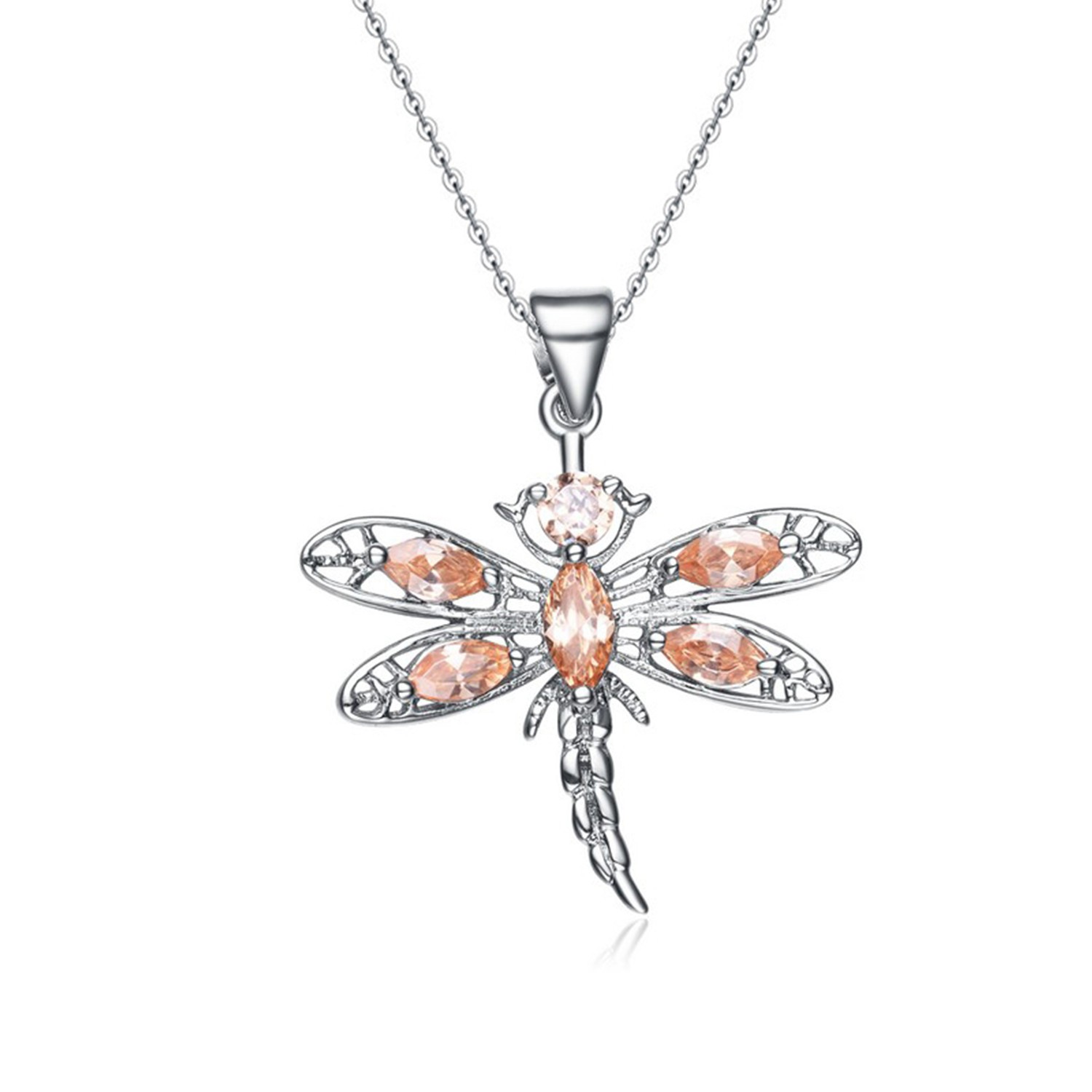 Jewelry Manfacturer 925Silver Rhodium Plated Necklace Orange CZ Dragonfly Pendant Necklace 