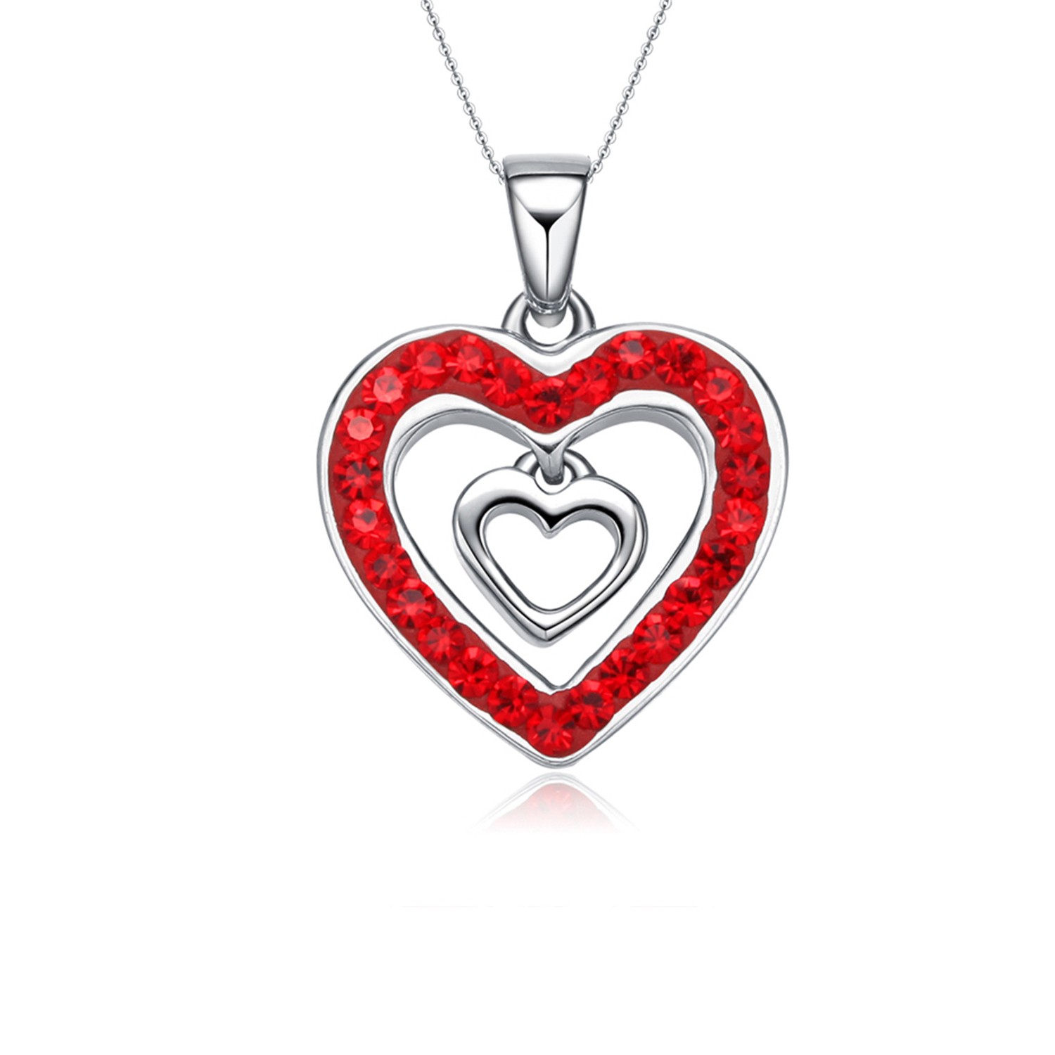 Women Jewelry Red Cubic Zirconia Love Heart Pendant Necklace 925 Sterling Silver