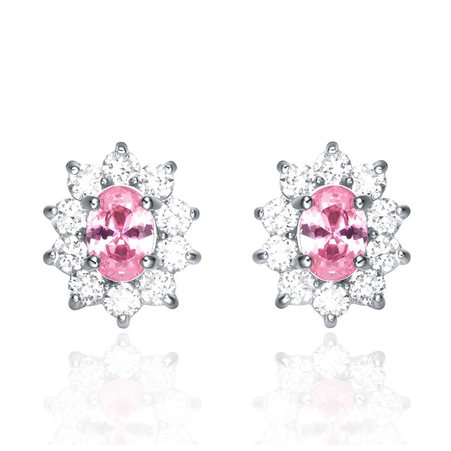  Pink CZ Stud Earrings Flower 925 Sterling Silver Women Bling Jewelry