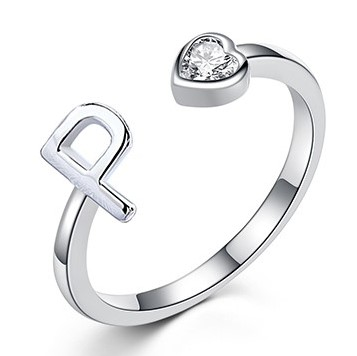 Jewelry Sterling Silver Initial Letter Open Ring Adjustable Women Rhodium Plated Rings 