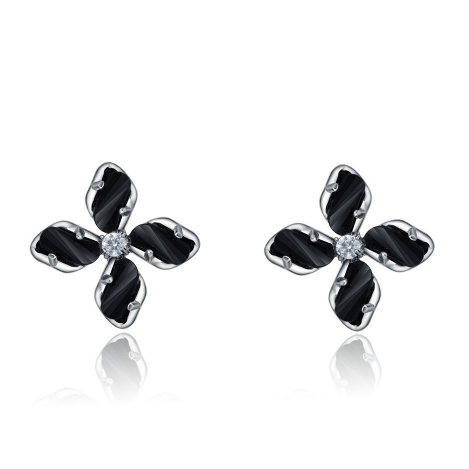 Black Flower 925 Sterling Silver Studs Earrings Elegant Wholesale Women Jewelry