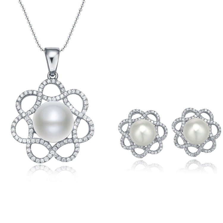 Factory Women 925 Sterling Silver Necklace Earrings Jewelry Set Cubic Zirconia White Pearl