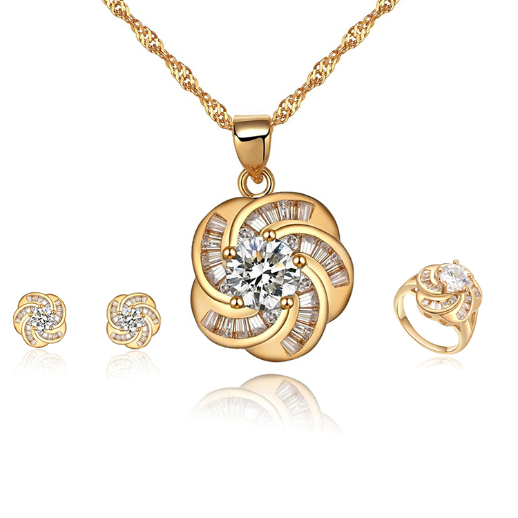 Cubic Zirconia 18k Gold Plated Dainty Stud Earring Necklace Women Gold Plated Jewelry Sets