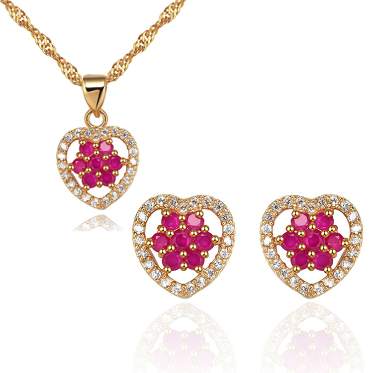 Gold Plated Jewelry Set 925 Silver Cubic Zircon Love Heart Necklace Ring And Earrings Jewelry Set