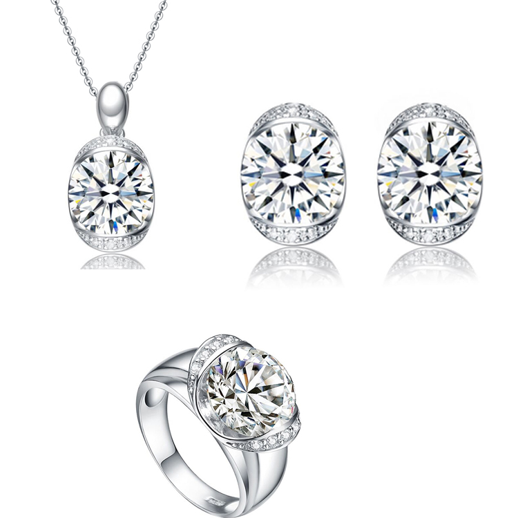 Women Crystal Cz Necklace Rings Stud Earrings Sterling Silver Jewelry Sets