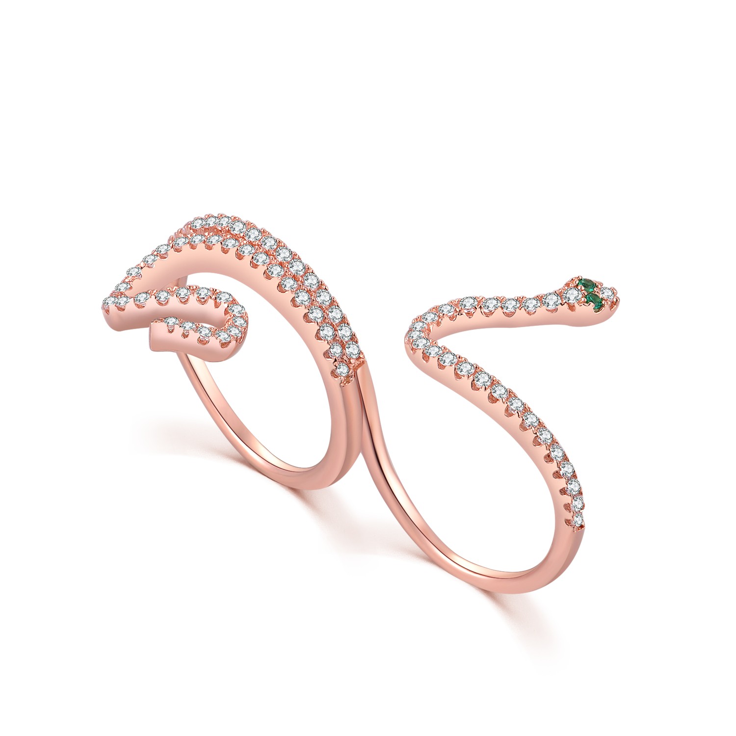 Unique Snake Cubic Zircon Rose Gold Plated 925 Sterling Silver Tow Fingers Rings