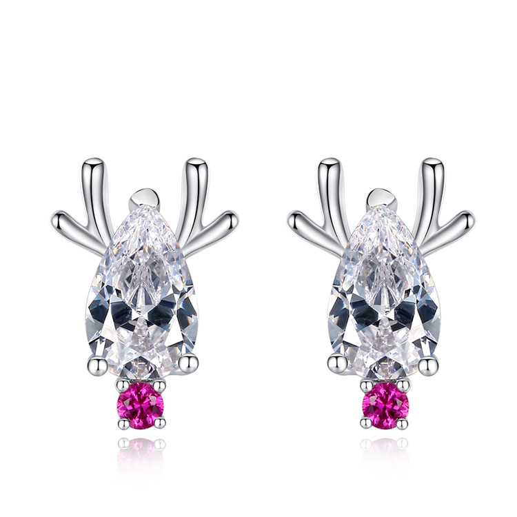 Christmas jewelry deer earrings 925 sterling silver cubic zirconia rhodium plated stud earring 