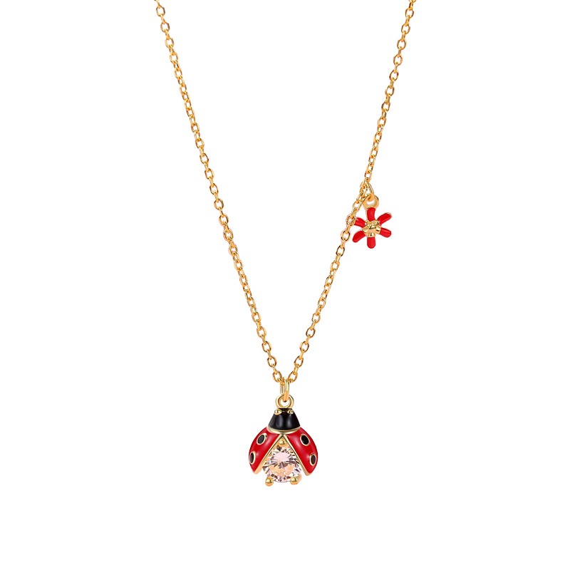 Dainty 18K Gold Plated Jewelry Women Cubic Zirconia  Red and Black Cute Ladybug Pendant Necklace