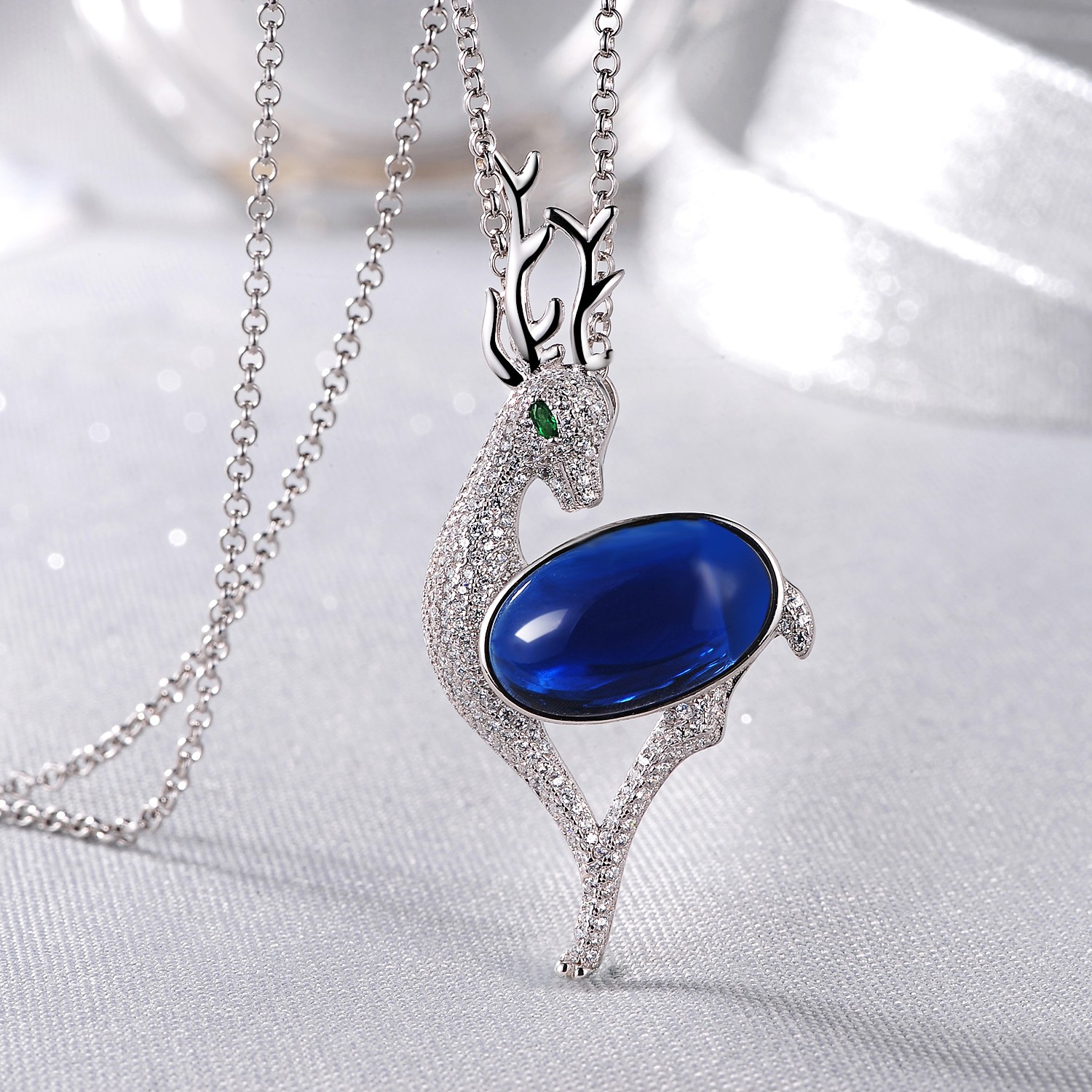  Blue Big Stone Women Jewelry 925 Sterling Silver  Cubic Zirconia Sapphire Deer pendant Necklace