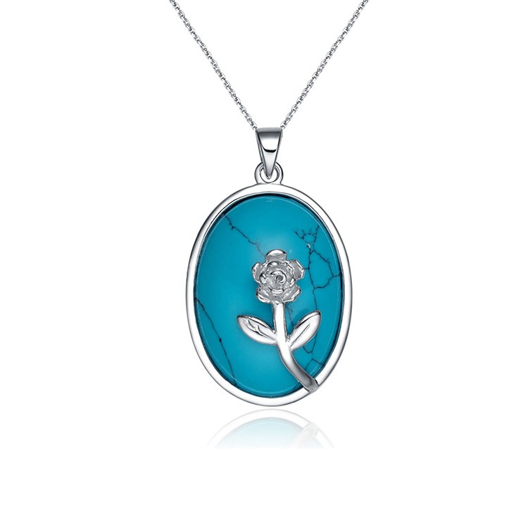 Hot Selling Stone Jewelry Women Charm 925 Sterling Silver Oval Blue Turquoise Pendant Necklace Stone