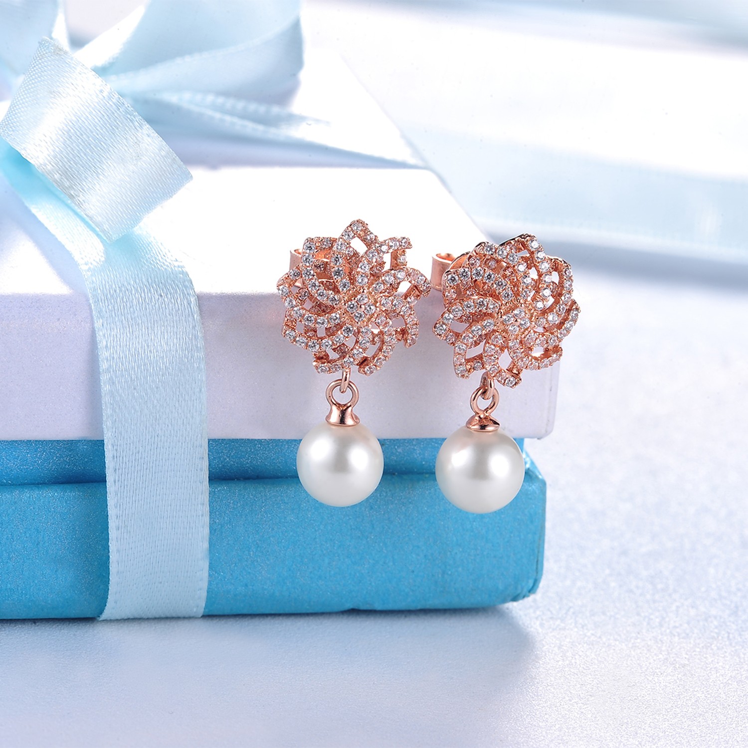Hot selling Jewelry 925 Silver Rose Gold Plated Sweet Cute Flower White Pearl Earring Jewelry
