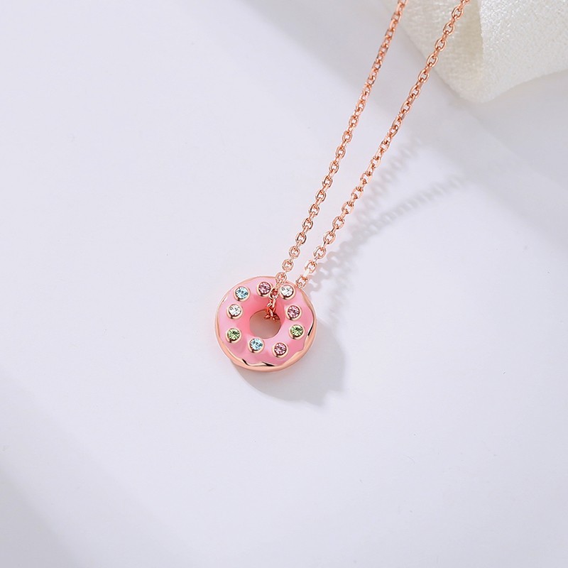 wholesale Customized 925 Sterling Silver Rose Gold Plated Colorful Cute Donut Pendant Necklace