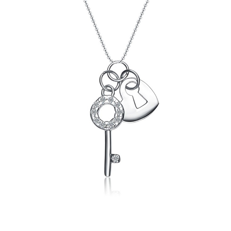 Personalized 925 Sterling Silver Cubic Zircon Link Chain Delicate Open Heart Key Pendant  Necklace