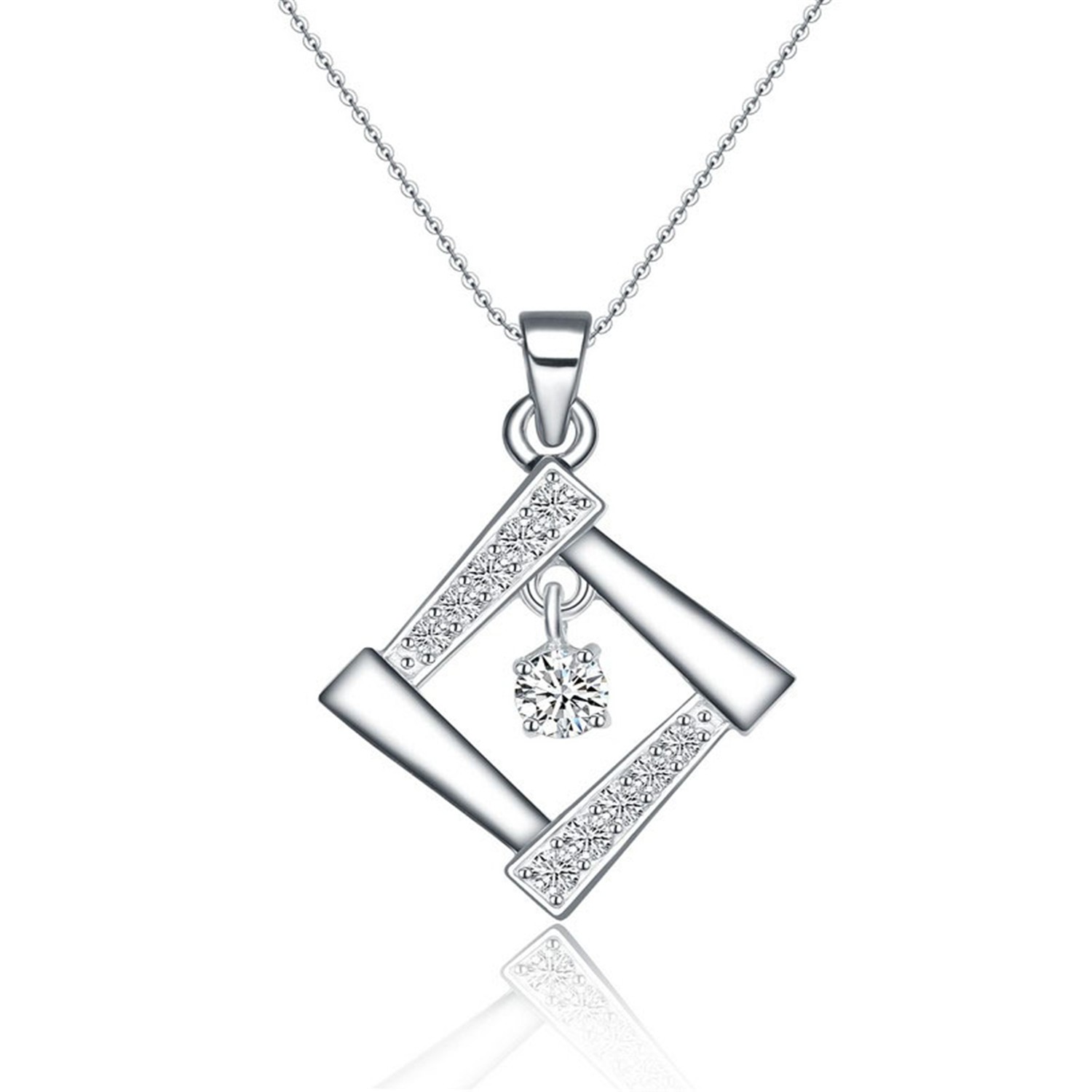 Classic Jewelry Cubic Zirconia Wedding 925 Sterling Silver Rhodium Plated Square Pendant Necklace