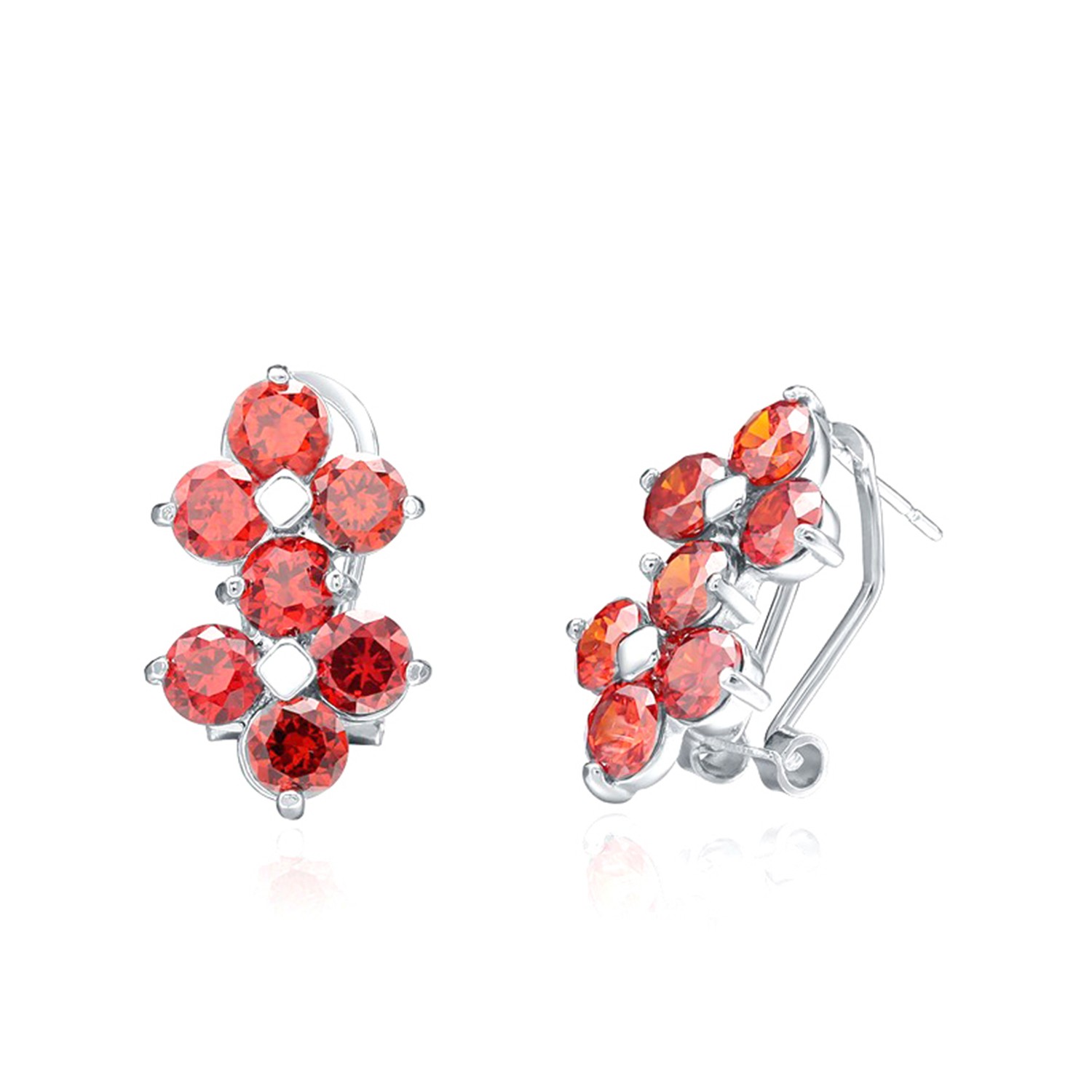 New Design 925 Sterling Silver Claw Set Stone Red Zircon Women Earrings Clip on Stud Jewelry