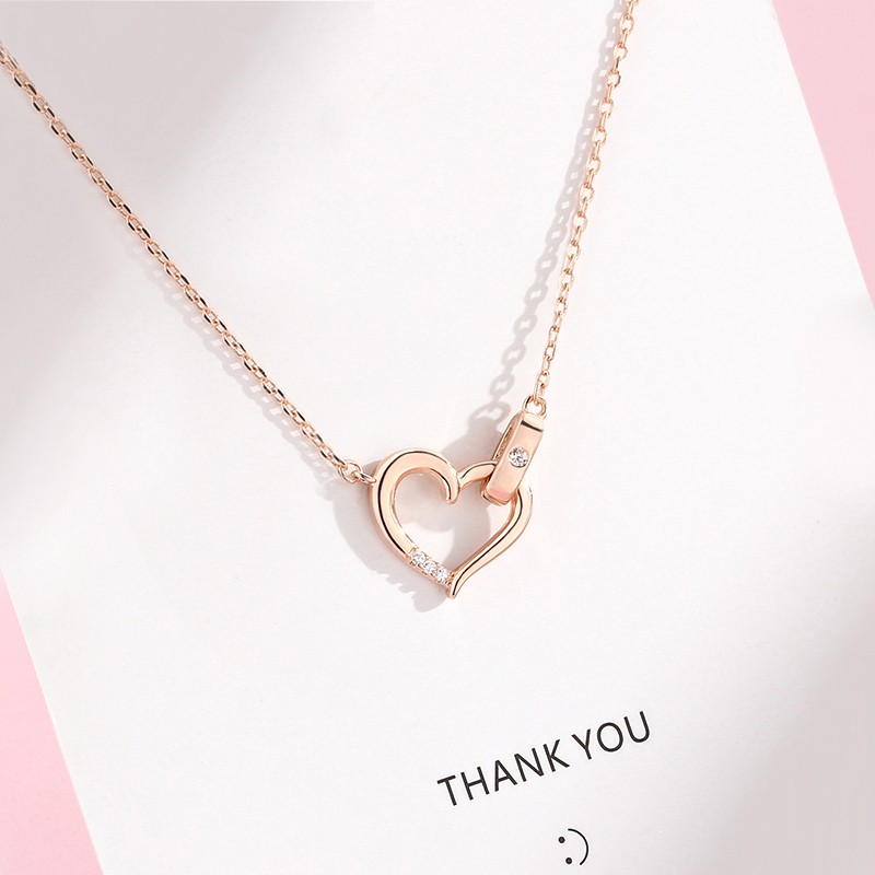 925 Sterling Silver Rose Gold Plated Women Jewelry Cubic Zirconia Hollow Heart Pendant Necklace