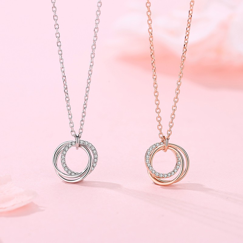 personalized Women Jewelry 925 Sterling Silver Rose Gold Plated CZ double circle pendant necklace