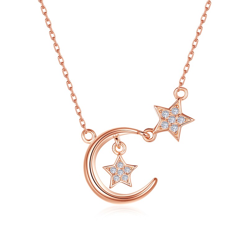 Custom Trendy Rose Gold Plated CZ 925 Sterling Silver Women Light Star Moon chain Pendant Necklace