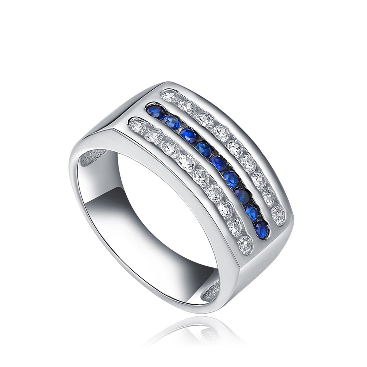 925 Sterling Silver Ring Three Line Row Round Blue Sapphire Fine Jewelry ring Men Women Wedding ring