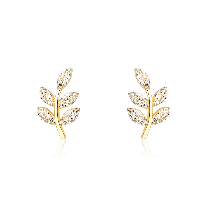 Trendy Accessories CZ 925 Sterling Silver 18K Gold Plated Women Jewelry Cubic Zirconia Leaves Stud E