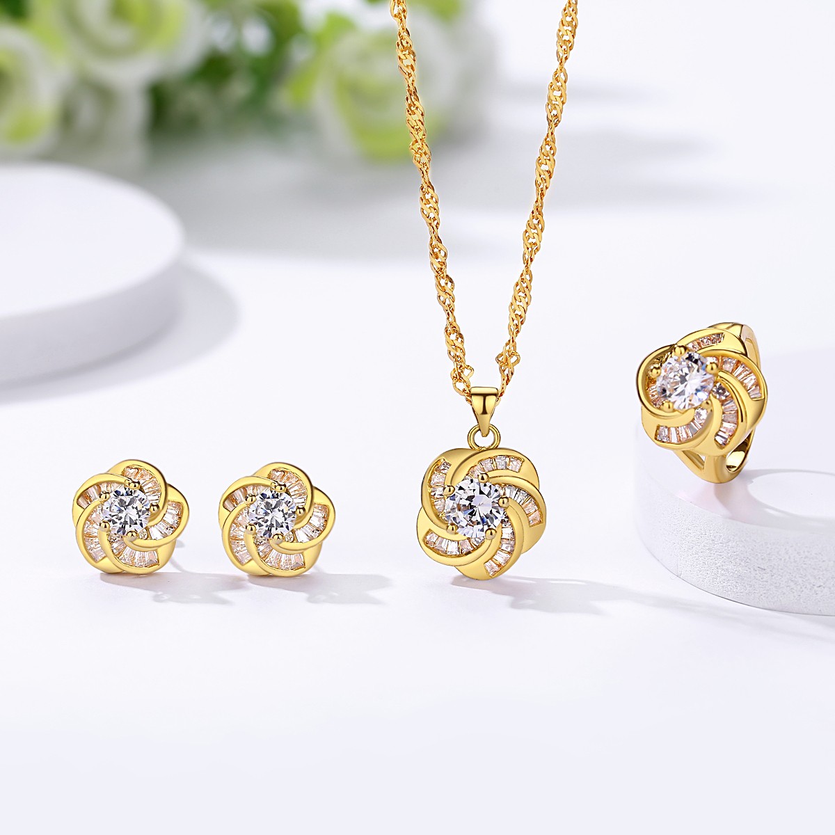 Trendy Wholesale Jewelry Woman Flower Zirconia Dainty Luxury 14k 18k Gold Plated Jewelry Set