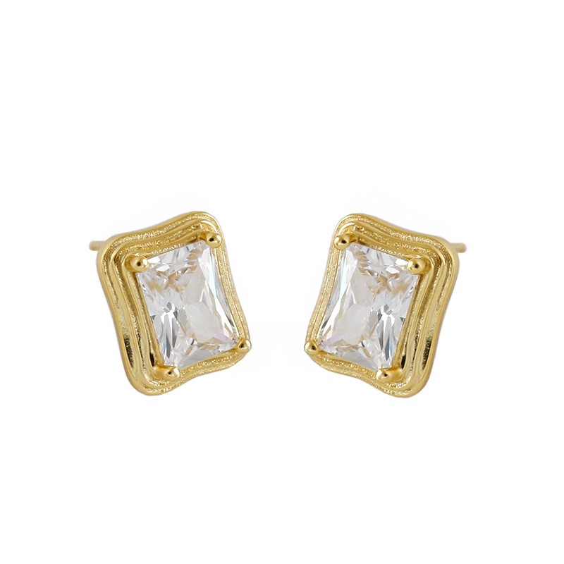 Wholesale Zircon Square Geometric 925 Sterling Silver Jewelry Gold Plated Stud Earrings