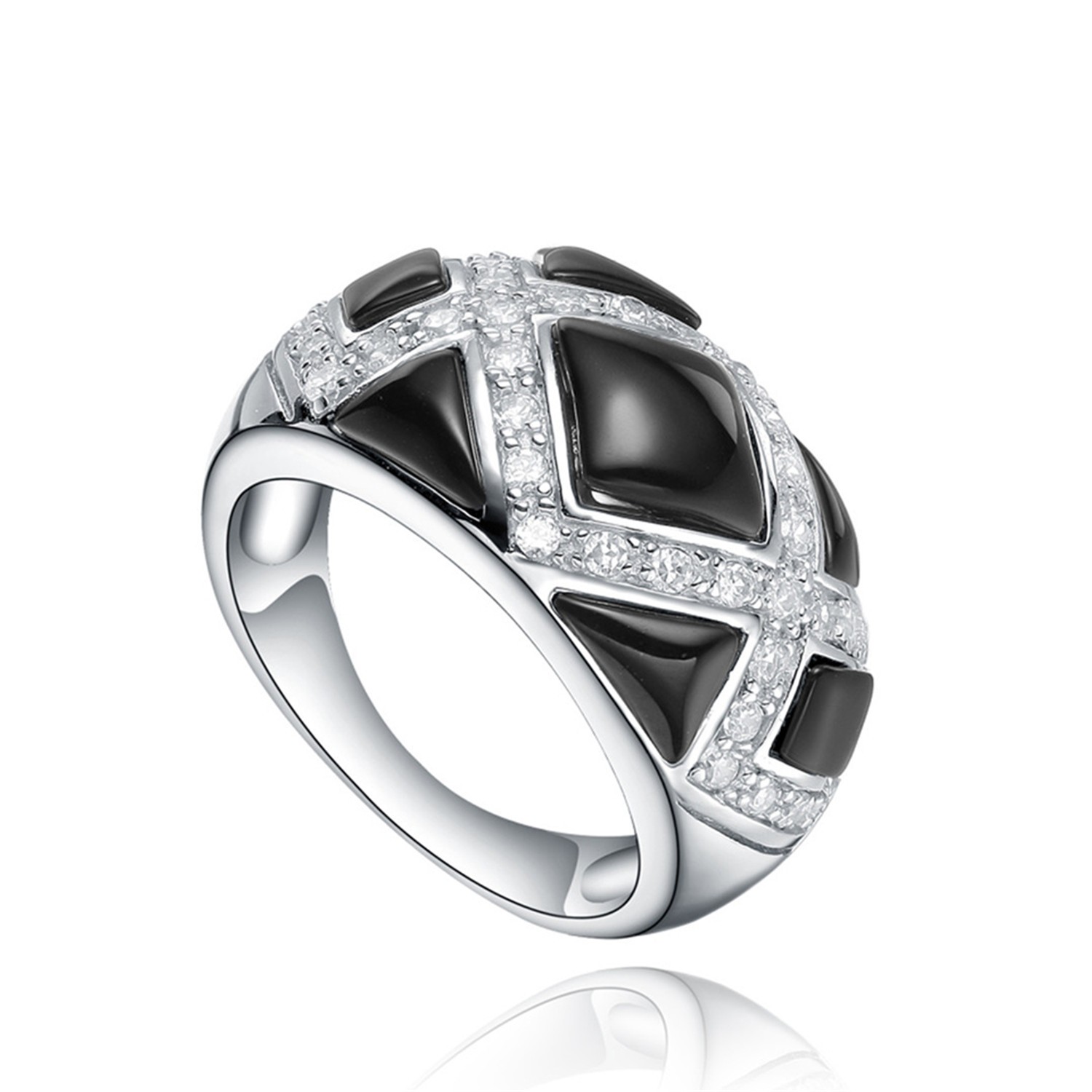 Wholesale Silver Jewelry Agate Onyx Black Stone Cubic Zircon CZ Women 925 Sterling Silver Rings