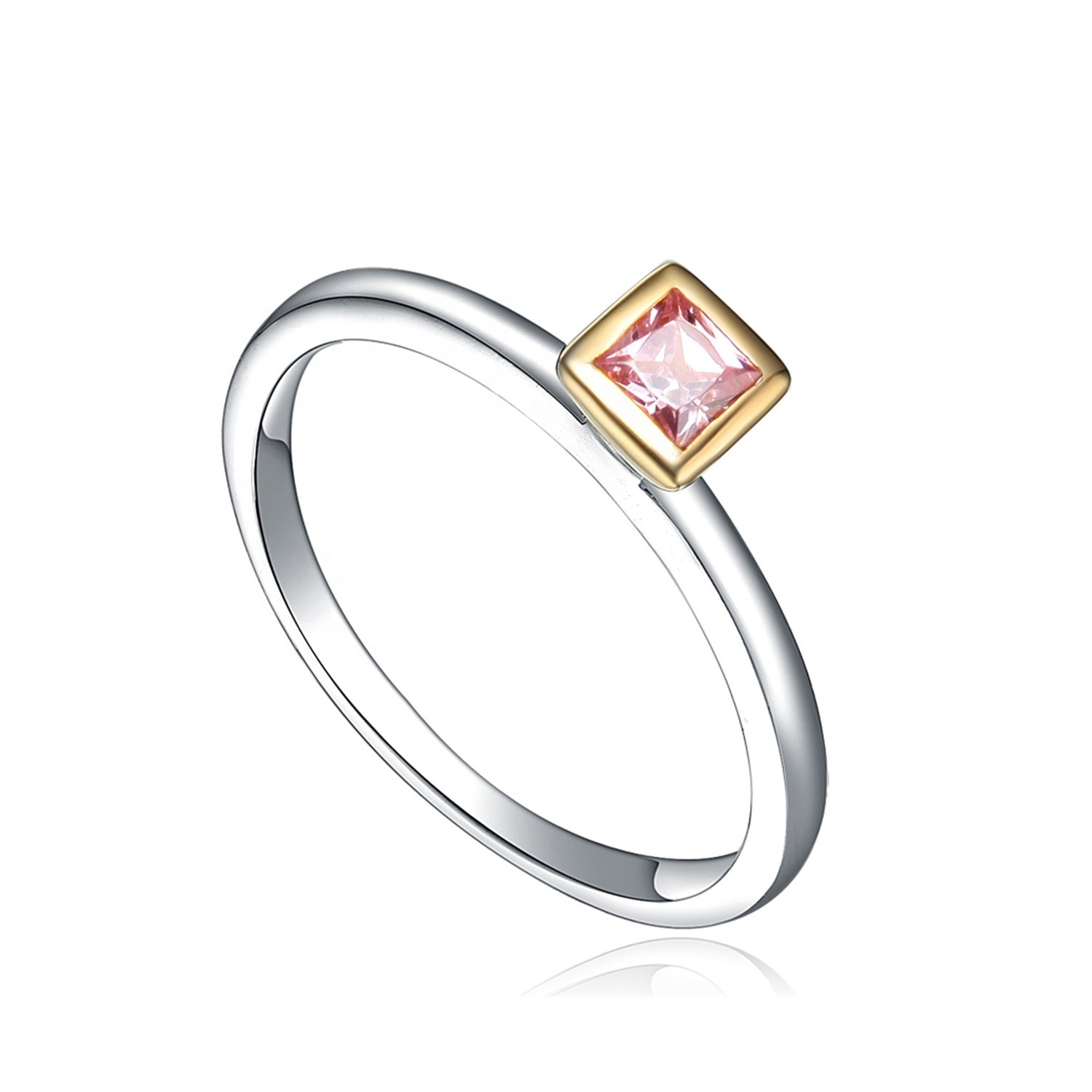 Simple Minimalist Square CZ Zircon Pink Jewelry Women Wholesale 925 Sterling Silver Rings