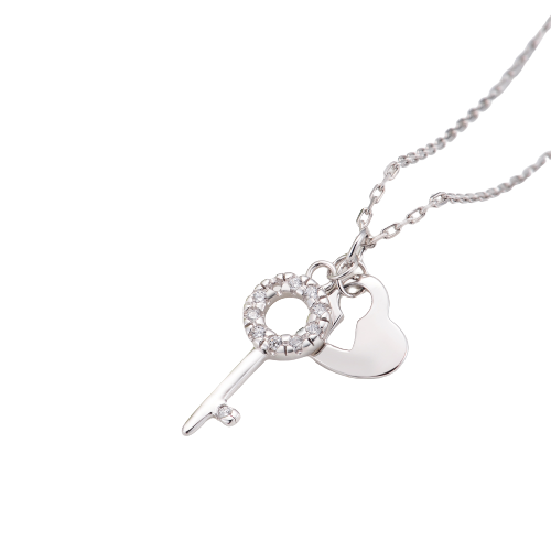 Designer Custom Rhodium Plated Zircon CZ Jewelry Pendant 925 Sterling Silver Heart Key Necklace
