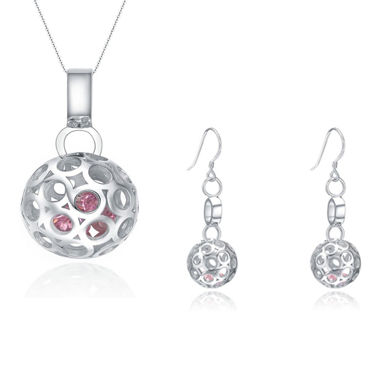 Hollow Ball Necklace Silver-plated Earrings Chains Fashion Pink Crystal wedding Jewelry Set