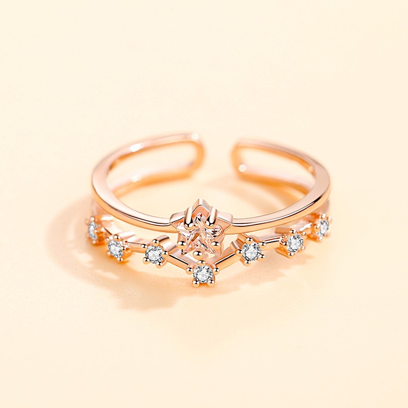 Minimalist CZ 925 Sterling Silver Rose Gold Plated Jewelry Cubic Zirconia Star Double Layer Ring
