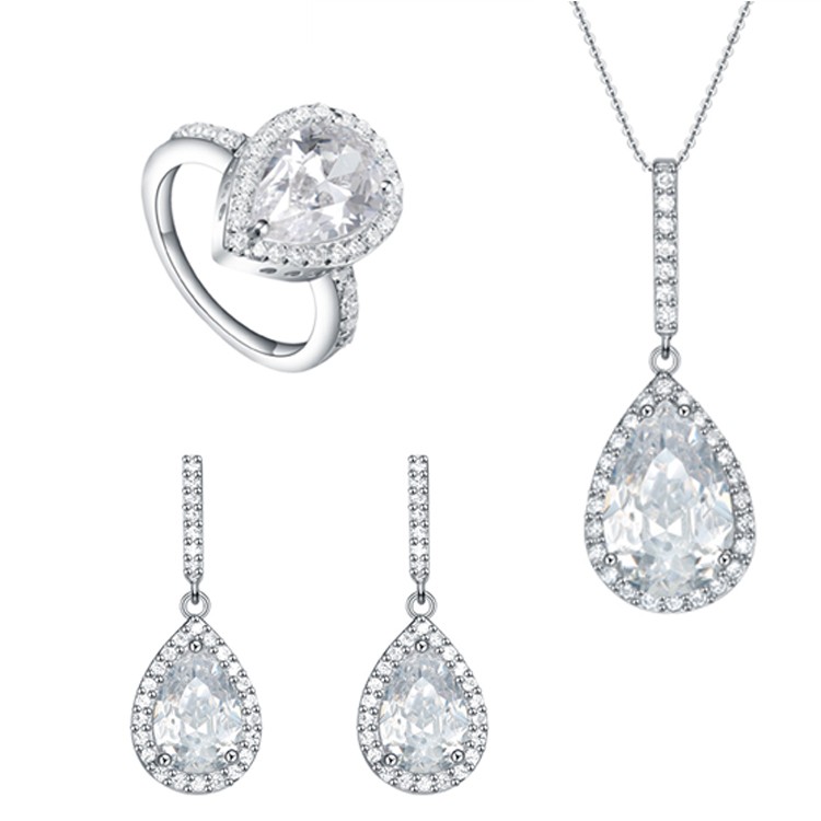 Rings Long Dangle Earrings Pendant Necklace 925 Sterling Silver Women Wedding Jewelry Set