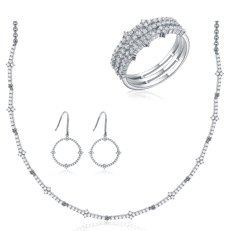 High Quality Cubic Zircon silver ring chain necklace earrings Jewelry Sets