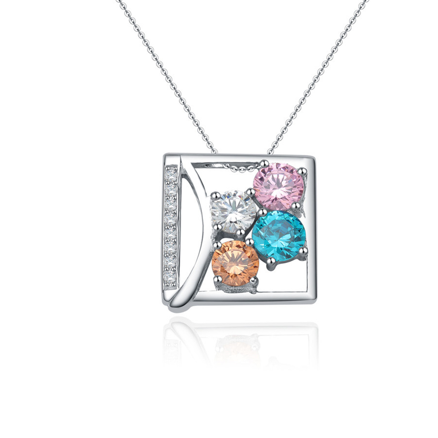Square Colorful Cubic Zirconia Pendant Necklace 925 Sterling Silver Charming silver Necklace Jewelry(图1)
