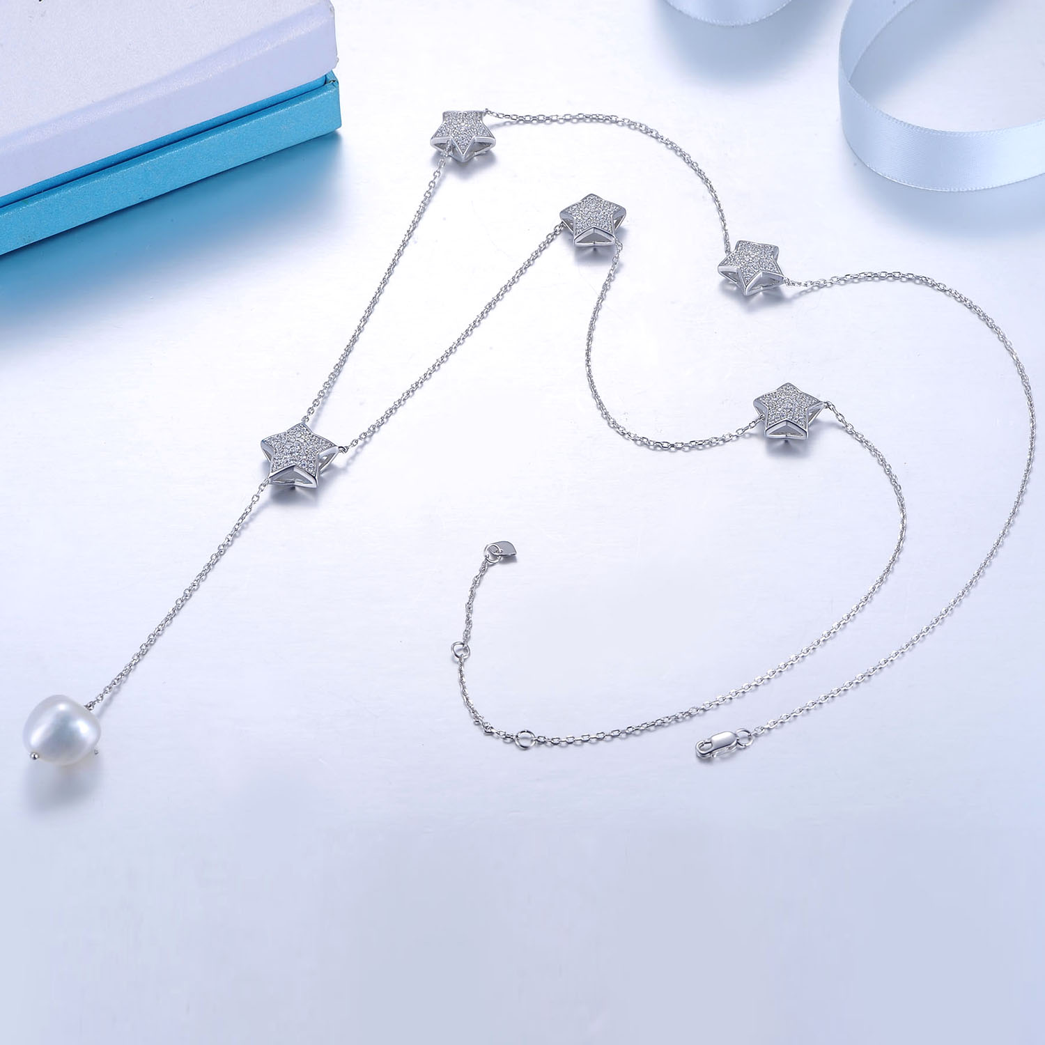 Female gift wedding 925 silver pentagram pearl necklace pendant fashion new design jewelry(图1)