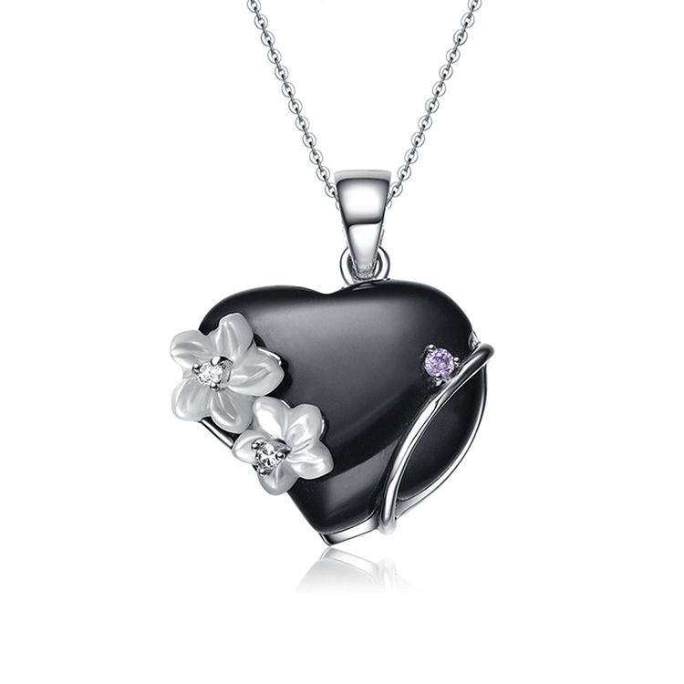 Classic 925 Sterling Silver Pendant Black Agate Heart Necklace Jewelry(图1)