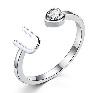 Rhodium Plated Initial 26 Alphabet Open Adjustable Finger Ring Dainty Inlaid CZ Jewelry(图1)