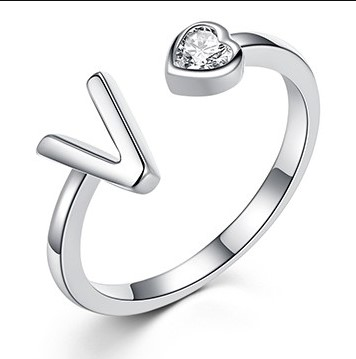 925 Sterling Silver Initial Letter Rings A-Z Cubic Zirconia Letter Alphabet Adjustable Ring(图1)