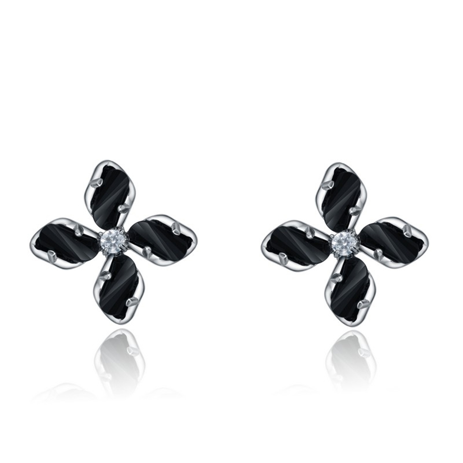 Black Flower 925 Sterling Silver Studs Earrings Elegant Wholesale Women Jewelry(图1)