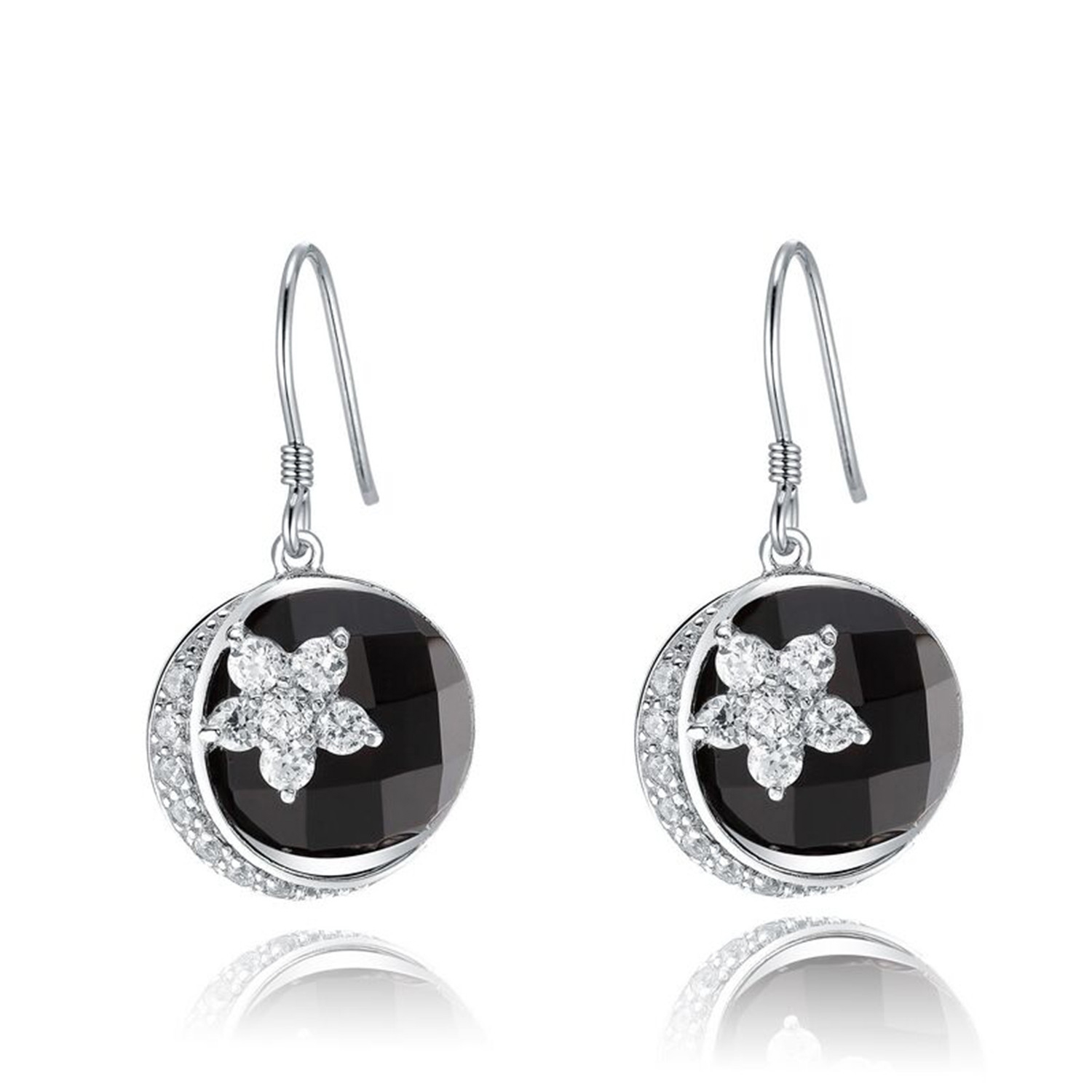 Elegant 925 Sterling Silver Black Agate And White Cubic Zircon Necklace pendant Hook Earrings Jewel(图1)