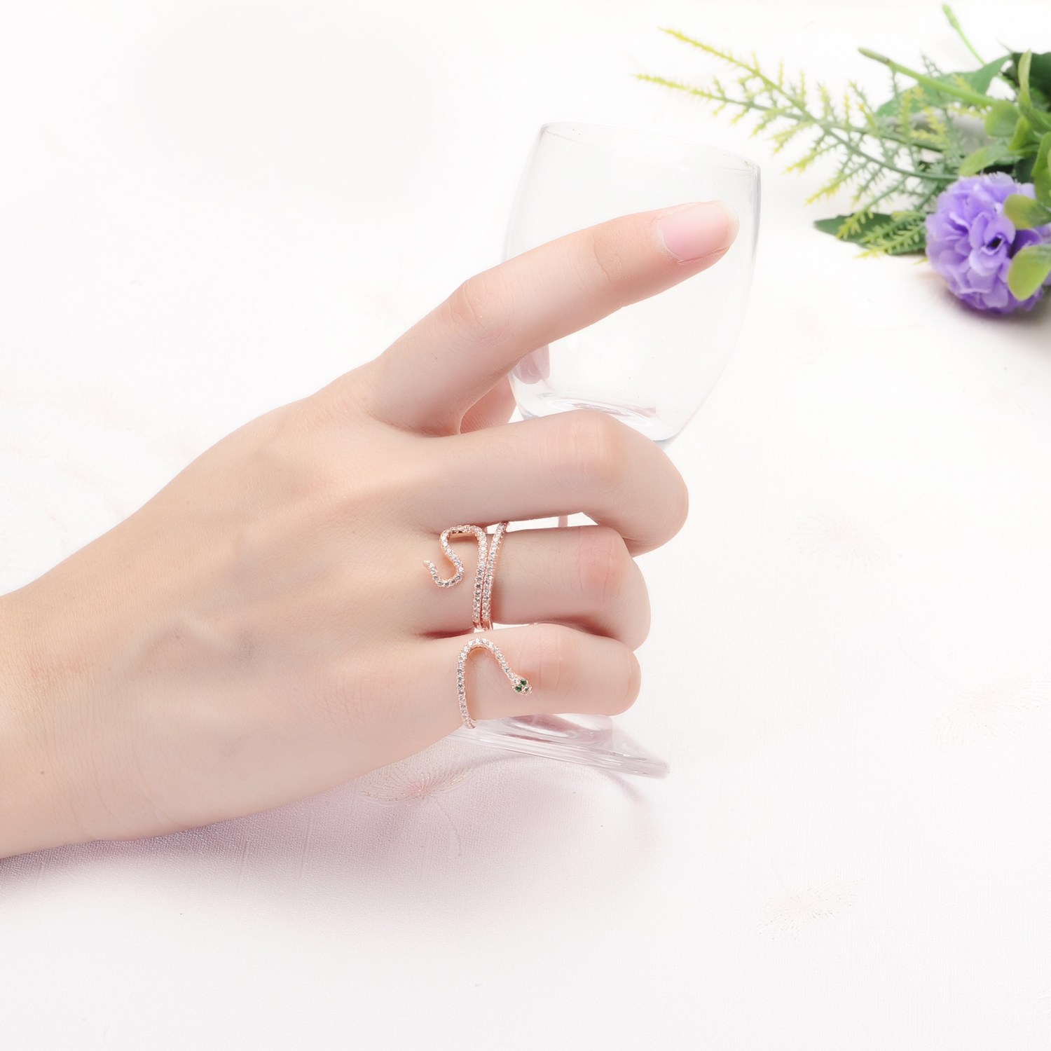 Unique Snake Cubic Zircon Rose Gold Plated 925 Sterling Silver Tow Fingers Rings(图2)