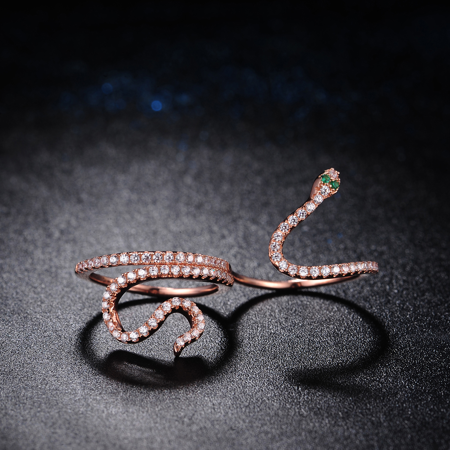 Unique Snake Cubic Zircon Rose Gold Plated 925 Sterling Silver Tow Fingers Rings(图3)