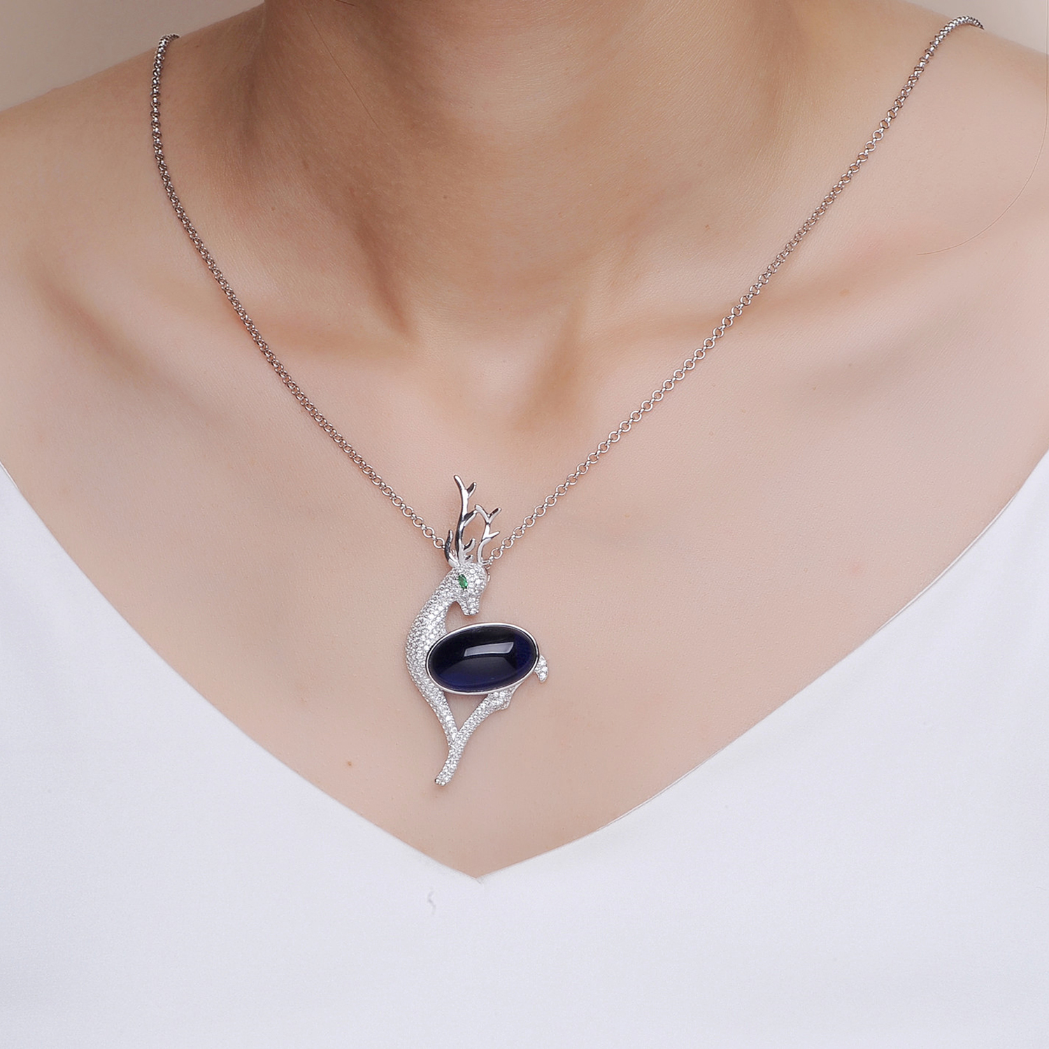 Deer Sapphire Color Cubic Zirconia 925 Sterling Silver Women Jewelry Necklace(图2)