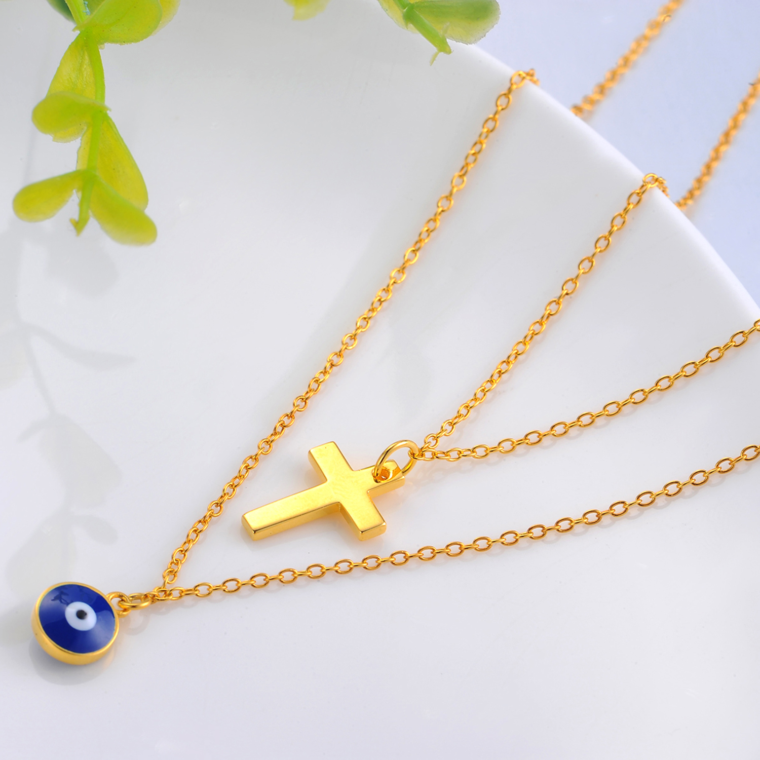 European and American Style Fashion Gold Plated Double Layer Chain Cross Pendant Necklace (图5)