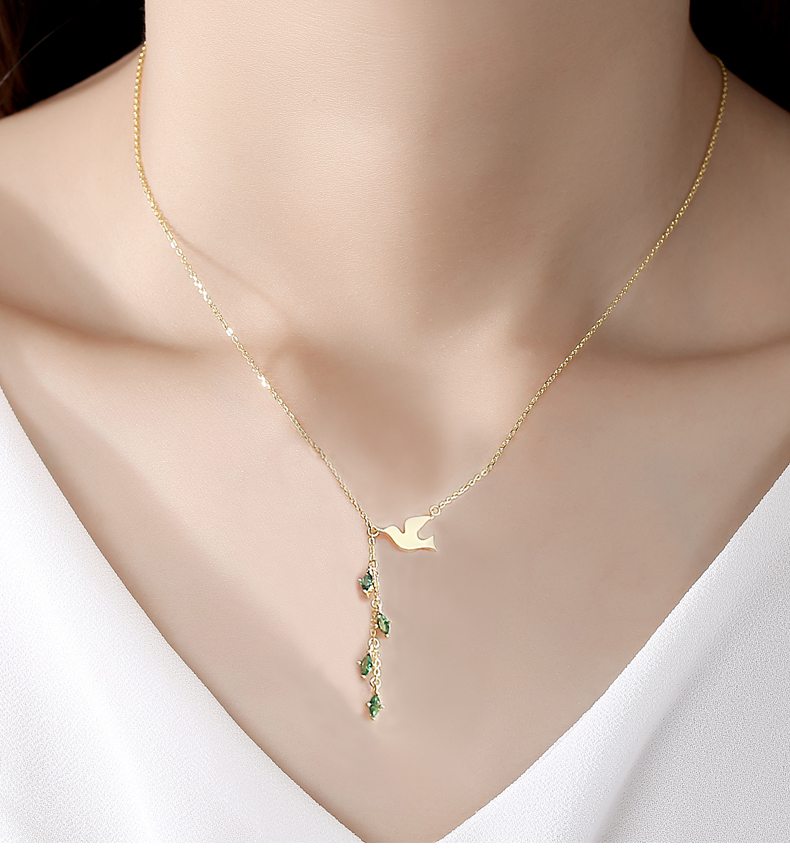 S925 Sterling Silver 18k Gold Plated  Peace Dove Green Leaf Pendant necklace(图9)