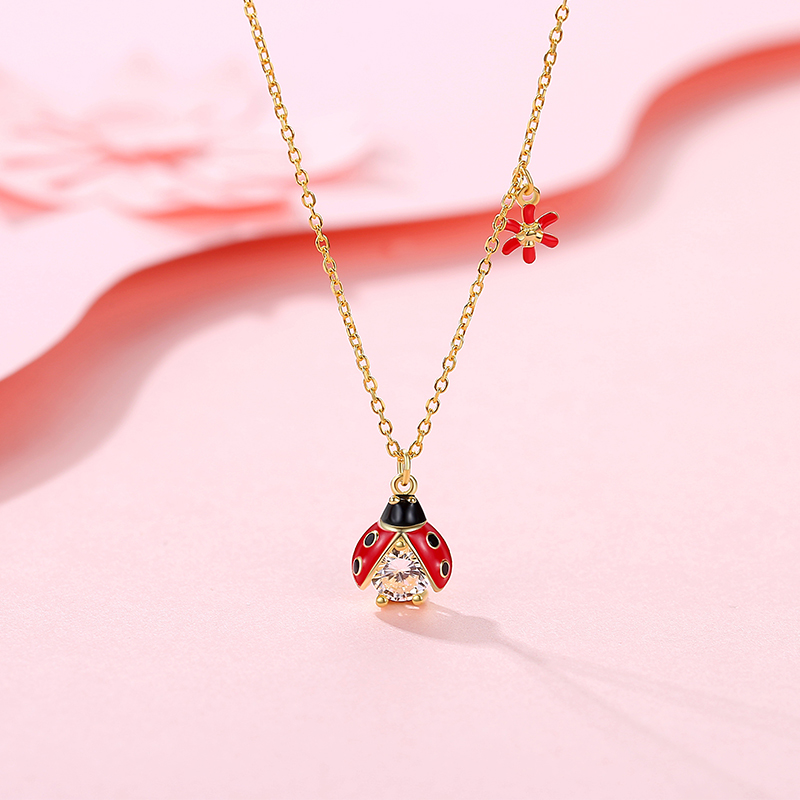 Dainty 18K Gold Plated Jewelry Women Cubic Zirconia  Red and Black Cute Ladybug Pendant Necklace(图6)