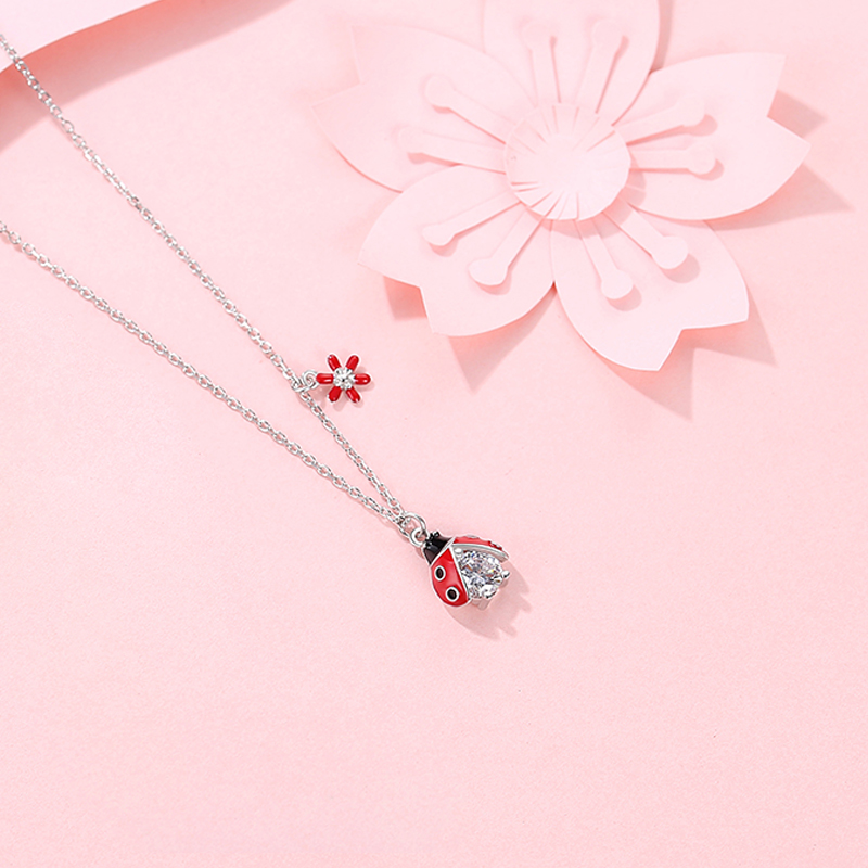 Dainty 18K Gold Plated Jewelry Women Cubic Zirconia  Red and Black Cute Ladybug Pendant Necklace(图7)