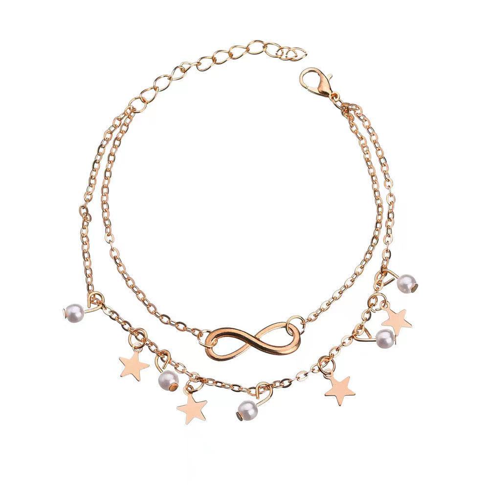 Women Multilayers Gold Plated Wholesale Charm Chain Star Pearl Pendant Anklets(图2)