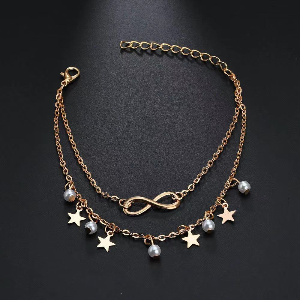 Women Multilayers Gold Plated Wholesale Charm Chain Star Pearl Pendant Anklets(图4)