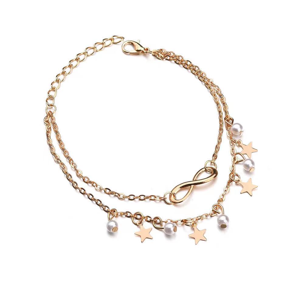 Women Multilayers Gold Plated Wholesale Charm Chain Star Pearl Pendant Anklets(图1)